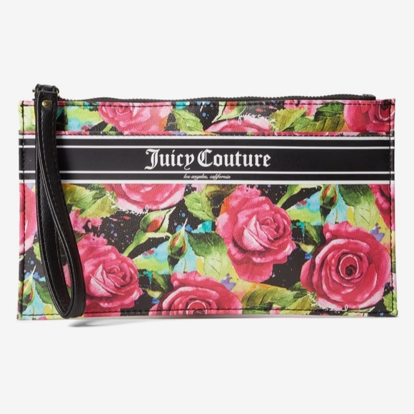 JUICY COUTURE Black Pink Gothic Stripe Floral Rectangle Wristlet Clutch Pouch - Picture 3 of 10